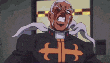 a cartoon character with blood on his face and a cross on his chest