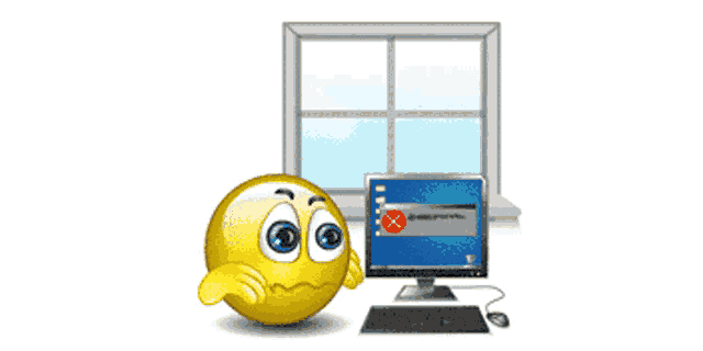a yellow smiley face is standing in front of a computer screen that says error