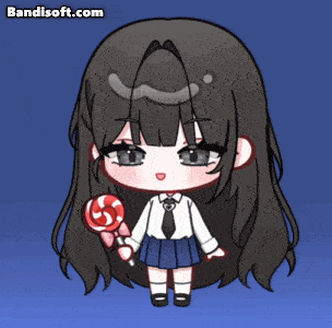 a cartoon of a girl holding a lollipop with the website bandisoft.com in the background