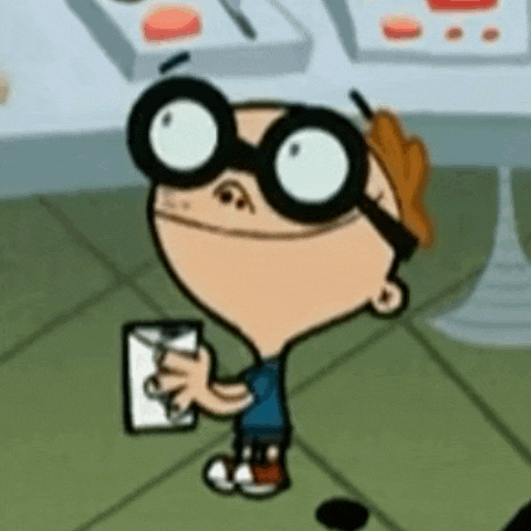 a cartoon boy wearing glasses and goggles is holding a piece of paper in his hand .