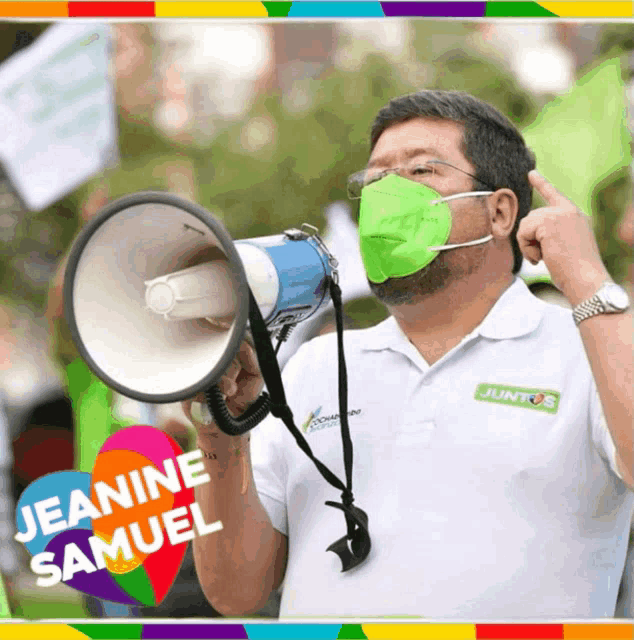a man wearing a green mask is holding a megaphone with jeanne samuel written on the bottom