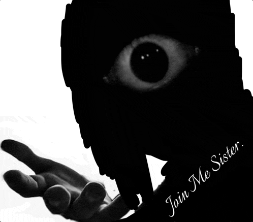 a silhouette of a person with a big eye and the words join me sister below it