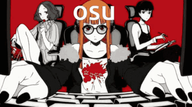 a group of anime characters with the word osu on the top