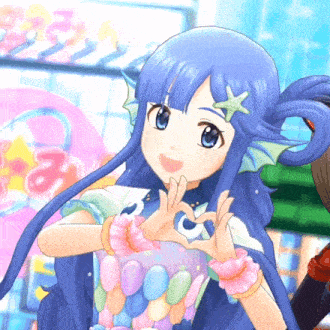 a girl with blue hair and a star on her head makes a heart shape with her hands