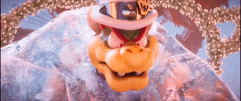 a close up of a cartoon character 's face wearing a hat and a crown .