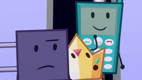 a group of cartoon characters are standing next to each other and one of them has a crown on it