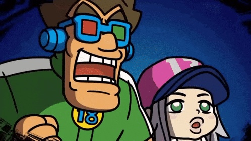 a cartoon of a man and a girl with the number 18 on their neck