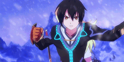 a cartoon character is holding a sword in front of a snowy mountain