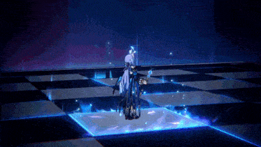 a video game character is standing on a checkered floor surrounded by blue lights