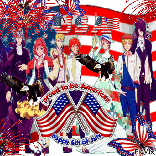 a group of people standing in front of an american flag with the words " proud to be american "