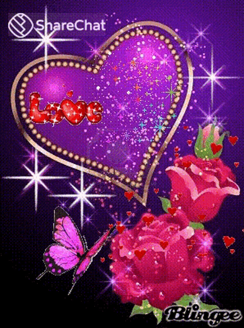 a purple heart with the word love on it is surrounded by roses and a butterfly