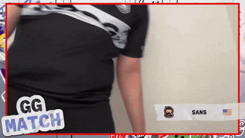 a man in a black shirt is standing in front of a screen that says ' gg match ' on it