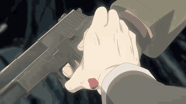a person holding a gun with a bloody wound on their hand