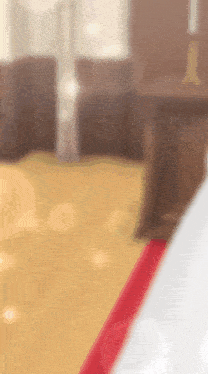 a blurry picture of a room with a red carpet and a wooden table .