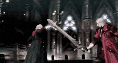 two devil may cry characters are holding swords in a dark room