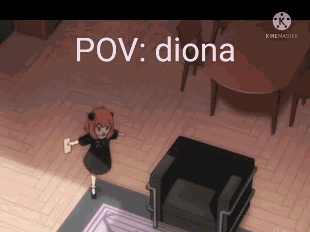 a little girl is standing in a living room with the words pov diona on the top