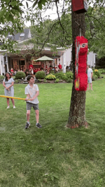 a boy throws a piñata at a tree in a backyard