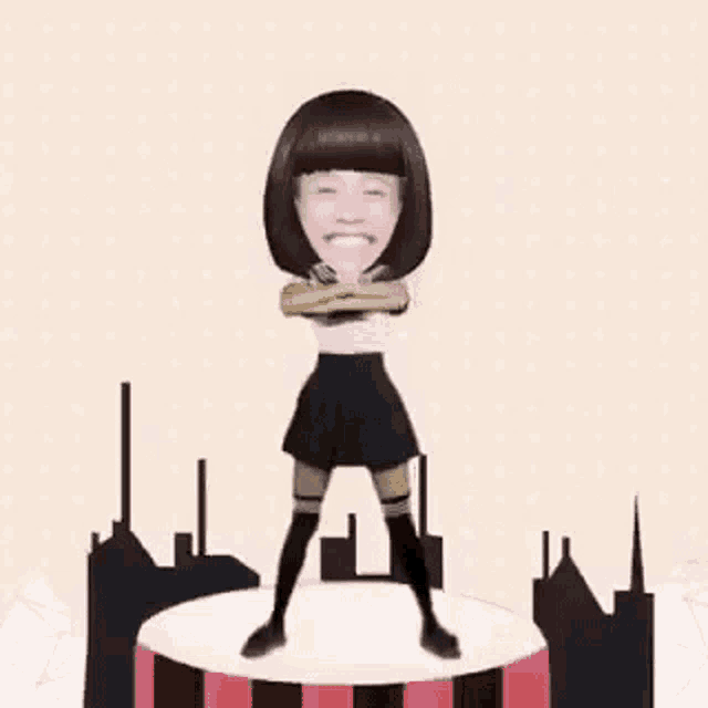 a girl in a school uniform is dancing on a podium with a city in the background .