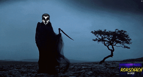 a picture of a grim reaper with a scythe and the words rorschach on the bottom right