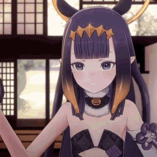 a purple haired anime girl with horns and a necklace with a circle on it