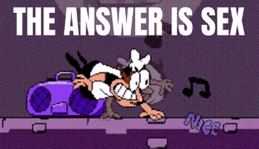 a cartoon of a man laying on a purple boombox with the words the answer is sex below him