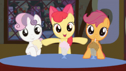 three ponies are sitting at a table drinking milkshakes together