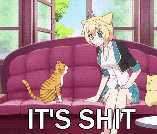 a girl is sitting on a couch next to a cat that says it 's shit on the bottom