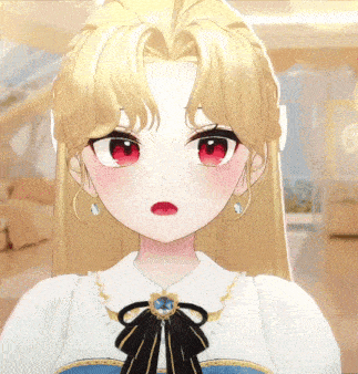 a girl with long blonde hair and red eyes is wearing earrings