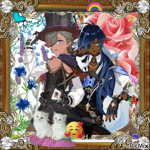 a picture of two anime characters in a frame with flowers and a smiley face says picmix