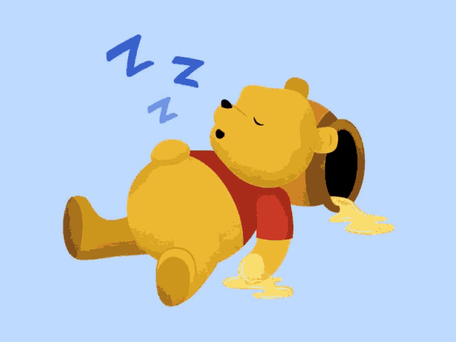 a winnie the pooh bear sleeping with a bucket of honey on his head