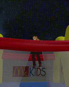 a man is sitting under a red awning in front of a mcdonald 's restaurant