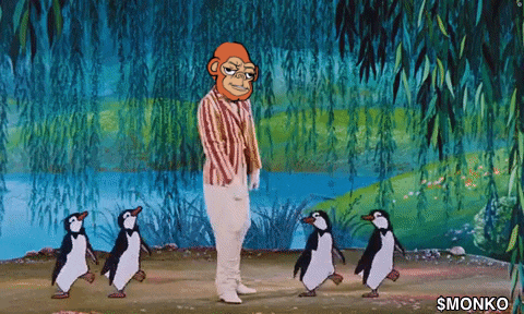 a cartoon of a man with a monkey mask standing next to penguins