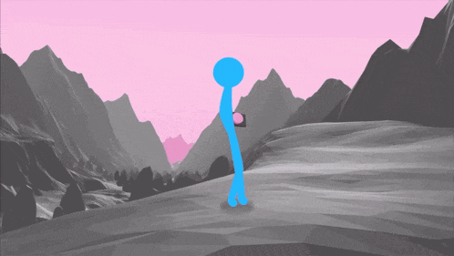a blue stick figure is standing in front of a mountain