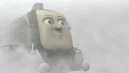 a close up of a cartoon character 's face in a foggy scene