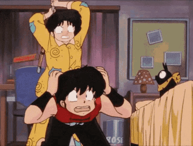 a couple of anime characters are standing next to each other in a room