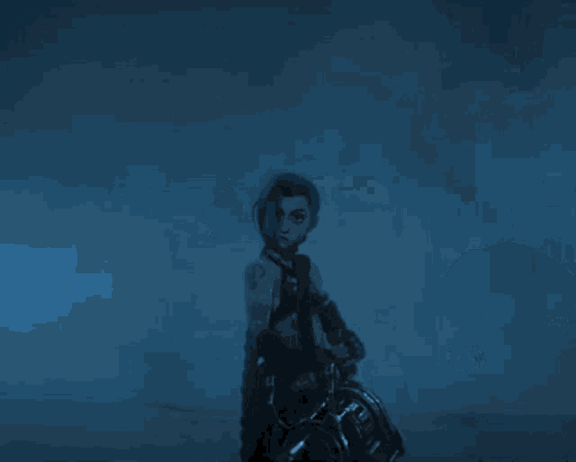 a cartoon character is holding a sword in a dark room