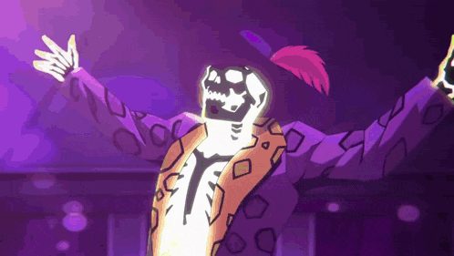 a cartoon of a skeleton in a purple jacket