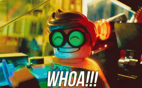 a lego character says whoa !!! while wearing goggles