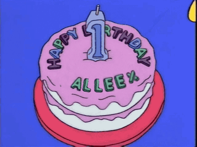 a cartoon drawing of a birthday cake with the name alleey on it