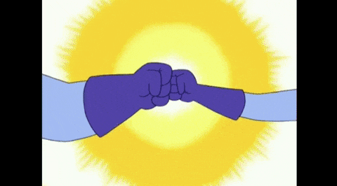 a cartoon of two hands holding each other in front of a yellow sun