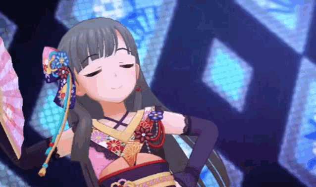 a girl in a kimono is holding a fan and smiling