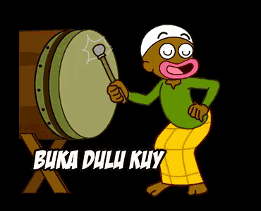 a cartoon of a man playing a drum with the words buka dulu kuy in white letters