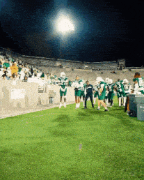 a group of football players are running on a field with a mascot wearing a jersey that says ' gators '