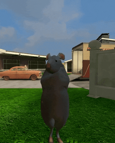 a computer generated image of a rat standing in front of a building