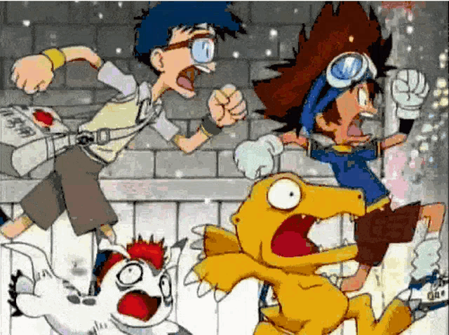 a group of cartoon characters including a boy and a dog are running