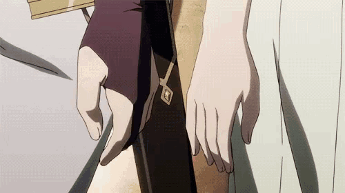 a couple of anime characters holding hands with a key between them