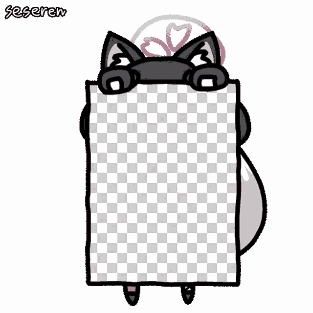 a drawing of a cat holding a checkered sign with the name seserem on the bottom