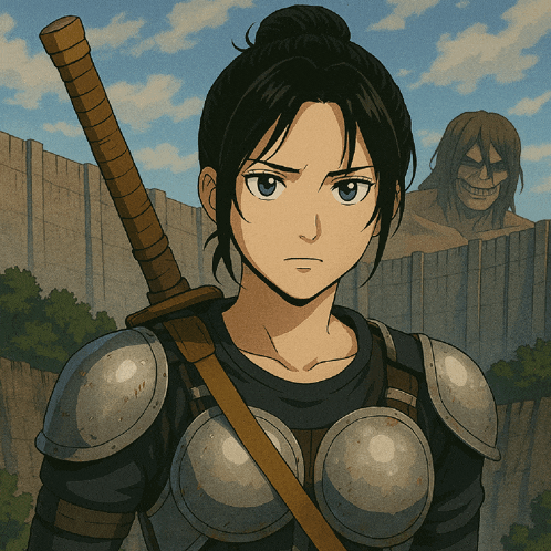 a girl in armor is holding a sword in front of a large wall
