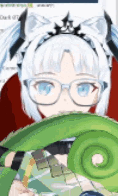a girl with glasses and a crown is holding a chameleon