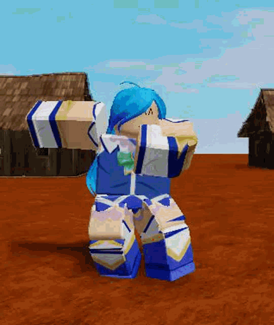 a cartoon character with blue hair is standing in a field in front of a row of houses .
